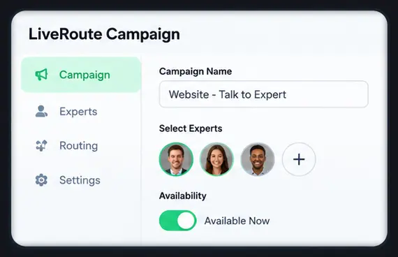 LiveRoute campaign settings with experts, routing and availability